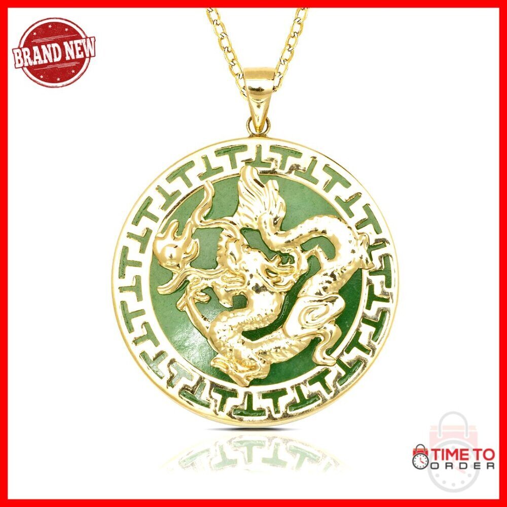 14k Gold Dragon Greek Key Circle Pendant Necklace Elegant Classic Symbolic